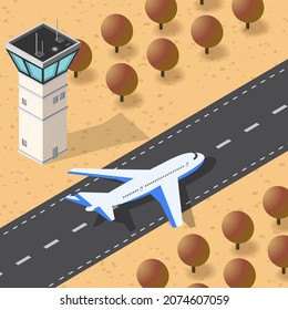 Isometric 3d Illustration Autumn City Airport With Tower And Runway And Trees