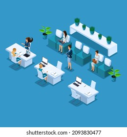 Isometric. 3D illustration of the bank's work, reception and customer service, loans, deposits. People are sitting in a queue, bank employees are receiving.