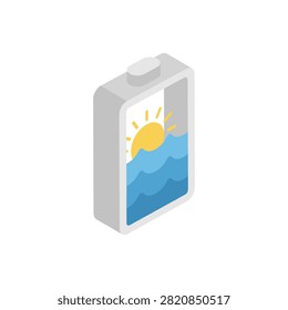 Isometric 3D illustration of a battery containing a sunny ocean landscape with waves and a rising sun