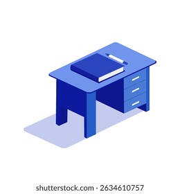Isometric 3D illustration of a blue office desk with drawers, a notebook, and a pen on top. Minimalist design with modern style, isolated on white background