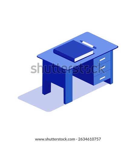 Isometric 3D illustration of a blue office desk with drawers, a notebook, and a pen on top. Minimalist design with modern style, isolated on white background