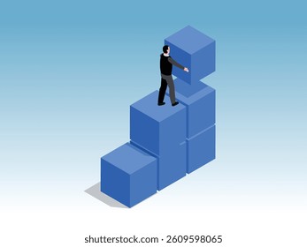 Isometric 3d illustration of a businessman building a structure by stacking large blue cubes or blocks. Concept represents progress, growth, strategy, development and building business success