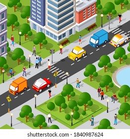 Isometric 3D illustration of the city quarter with houses, streets, people, cars. Stock illustration for the design and gaming industry.