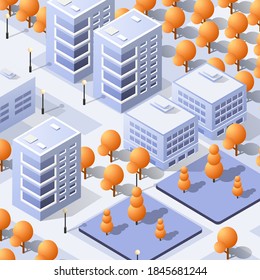 Isometric 3D illustration of the city quarter with houses, streets. Stock illustration for the design and gaming industry.