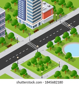 Isometric 3D illustration of the city quarter with houses, streets. Stock illustration for the design and gaming industry.