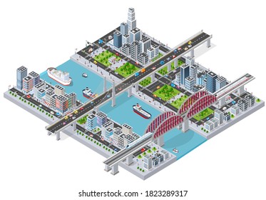 Isometric 3D illustration City with river embankment with people walking bridges, transport streets and ships