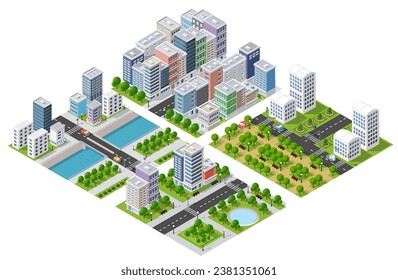 Isometric 3D illustration City with river embankment with people walking bridges, transport streets 