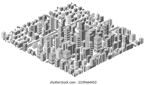 Isometrische 3D-Illustration Stadtgebiet mit vielen Häusern und Wolkenkratzern, Straßen, Bäume und Fahrzeugen