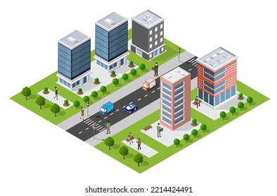 An Isometric 3D Illustration Of A City Urban Scene With Skyscrapers, Streets, Trees, And Vehicles Is Illustrated On Urban Themes