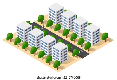 Isometric 3D ilustración ciudad área urbana con muchas casas y rascacielos