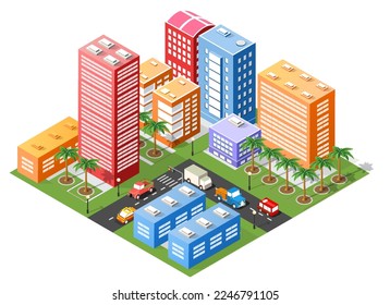 Isometric 3D illustration city urban area with a lot of houses and skyscrapers