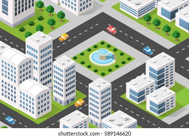 Isometric 3D illustration city urban area with a lot of houses and skyscrapers, streets, trees and vehicles