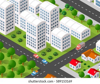 Isometric 3D illustration city urban area with a lot of houses and skyscrapers, streets, trees and vehicles