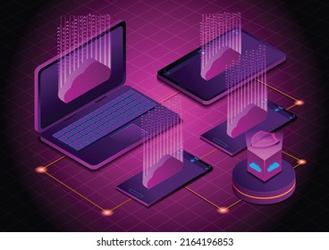 Isometric 3D illustration Cloud Technology Work.It's upload data to cloud computing