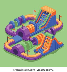 Isometric 3D illustration of a colorful inflatable obstacle course featuring tunnels, climbing slides, and bouncy paths in vibrant purple, orange, and blue on a green background.