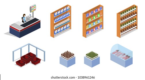 Isometric 3D illustration concept of a grocery store set of object