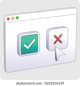 Isometric 3D Illustration of Cursor Clicking on Checkmark and Cross in Browser Tab