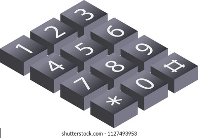 Isometric, 3D illustration of digital keypad, keyboard, call phone dialer, alarm security access, vector illustration.