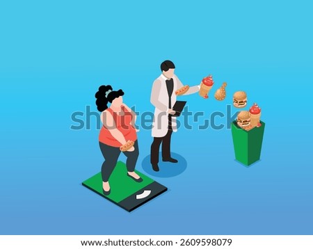 Isometric 3d illustration of a doctor advising an overweight woman standing on a scale, surrounded by unhealthy food items. Ideal for health, diet, and lifestyle themes