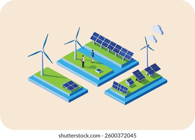Isometric 3D illustration of an energy-efficient power station in a modern city with buildings, cars, and urban elements