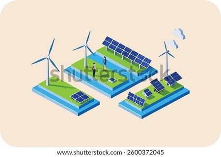 Isometric 3D illustration of an energy-efficient power station in a modern city with buildings, cars, and urban elements