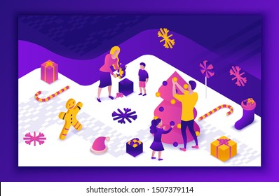 Сhristmas isometric 3d illustration, family celebrating winter holiday party,  New year 2020 concept, parents, children decorating tree, present, cartoon people together, violet, pink, yellow color