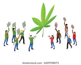 Isometric 3d illustration of Figures are shown holding signs with cannabis leaf symbols and using megaphones. representing social activism, legal reform, and public debate on cannabis