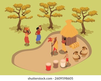 Isometric 3d illustration of Figures are shown engaging in daily activities, with huts, drums, and pottery. Concept representing cultural heritage, traditional lifestyle, and African village life