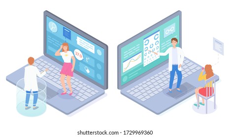 Isometric 3d illustration in flat style. Unhealthy woman have high temperature, making online consultation with physician through website. Patient checking vision in virtual medical cabinet in oculist