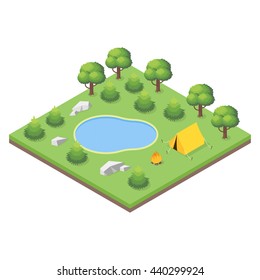 Isometric 3d illustration of forest camp. Outdoor leisure.
