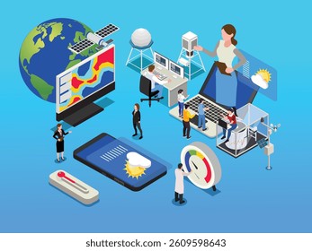 Isometric 3d illustration of A globe, satellite, weather instruments, and digital displays are shown with people analyzing and presenting weather data
