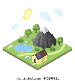 Isometric 3d illustration of house in the mountains. Outdoor leisure.