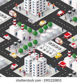 Isometric 3D illustration of the Industrial district city quarter with streets, people. Stock illustration for the design and gaming industry.