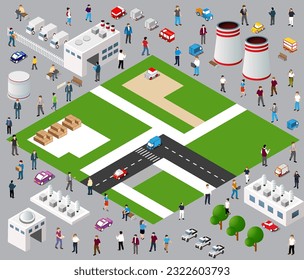 Isometric 3D illustration of the Industrial district city quarter with streets, and people. Stock illustration for the design and gaming industry.