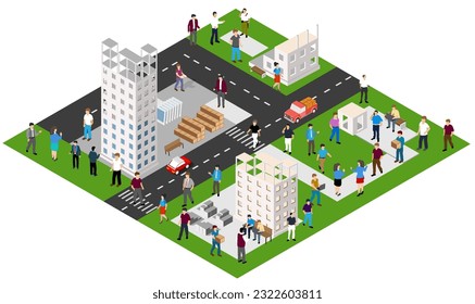 Isometric 3D illustration of the Industrial district city quarter with streets, and people. Stock illustration for the design and gaming industry.