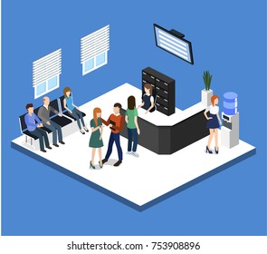 Isometric 3D illustration Interior of department reception with workplaces