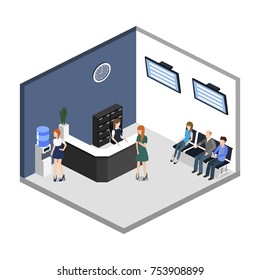 Isometric 3D illustration Interior of department reception with workplaces