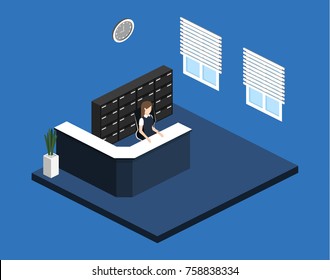 Isometric 3D illustration Interior of department reception with workplaces