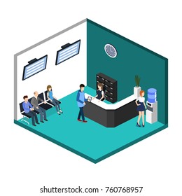 Isometric 3D illustration Interior of department reception with workplaces