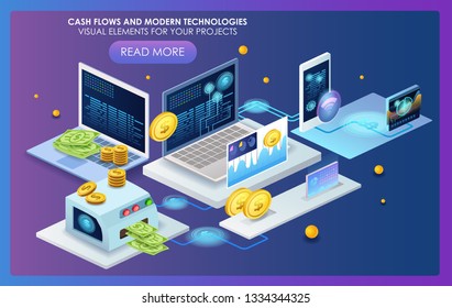 Isometric 3d illustration. Laptop, smartphone, online money. Banking and trading.
