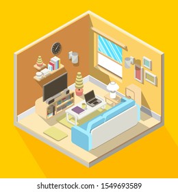 isometric 3D illustration of living room interior design with home appliance inside. sofa, television, desk, laptop, picture, and other interior element. 