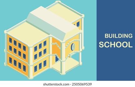 Isometric 3D Illustration of a Modern School Building with a Clock Tower and an Innovative Educational Architecture Concept.
