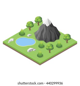 Isometric 3d Illustration Of Mountain Lake In The Woods. Outdoor Leisure.