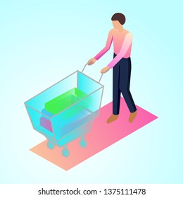 Isometric 3d Illustration Office Manager Supermarket Trolley With Things For Ux Ui Web Page Or APP