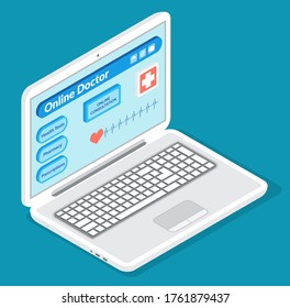 Isometric 3d illustration. Online consultation with doctor at distance in internet, symptoms of disease, online treatment at medical website or application. Isolated flat style laptop or computer