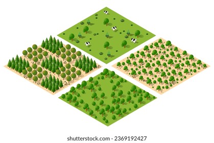 Isometric 3d ilustración park árboles bosque elementos naturaleza fondo blanco para el diseño del paisaje. Vector aislado. Icono para un mapa de la ciudad, juegos y tu ciudad