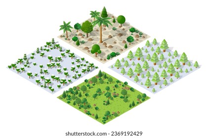 Isometric 3d illustration park trees forest nature elements white background for landscape design. Vector isolated. Icon for a city map, games, and your town