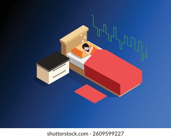 Isometric 3d illustration of a person sleeping soundly in bed, with a green line graph above suggesting sleep cycle monitoring
