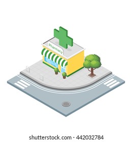 Isometric 3d illustration of pharmacy. City landscape.