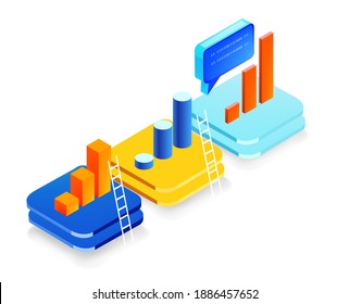 Isometric 3D illustration of platform with growth charts and bars and ladders of seccsess. Business icon, background. 